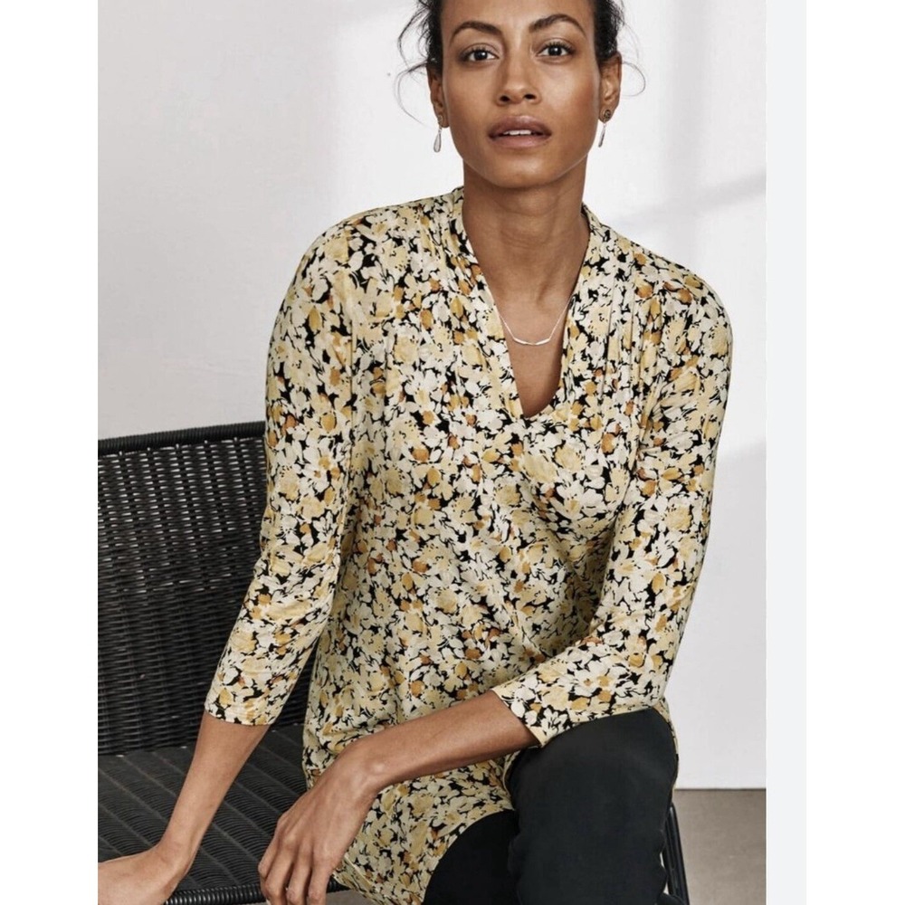 J Jill Women's PL Field Of Flowers Yellow Floral V Neck Blouse Long Sleeve $89